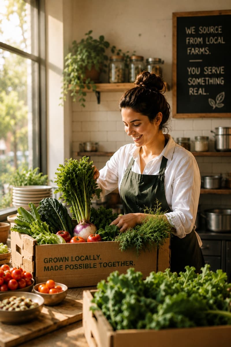 A farmer packing fresh vegetables at a farm shop